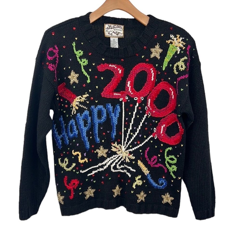 Heirloom Collectibles Sweater Womens Medium Black‎ Red Vintage Y2K New Year 2000